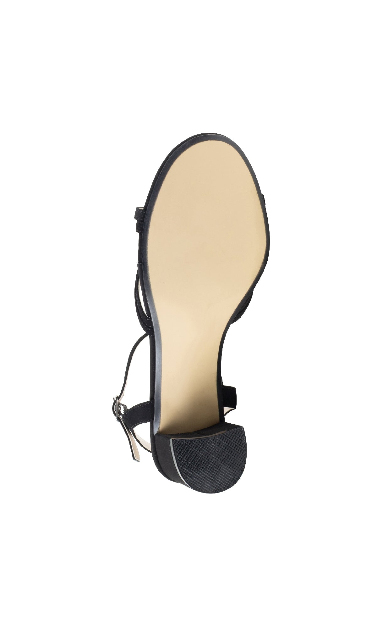 The Elle Black Formal Prom Shoes: Touch Ups 4643 feature a stylish black design, a beige sole visible from the bottom, and an ankle strap with buckle—perfect for anyone looking for elegant prom footwear.